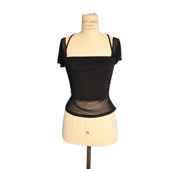 Tiger Mist Tops - Tiger Mist Black Mesh Ruched Cap Sleeve Halter Square Neck Top Womens M Emo Goth